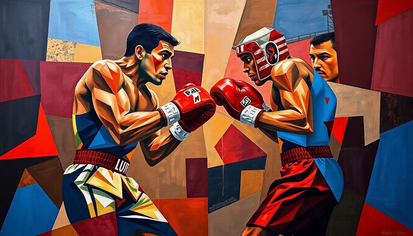 A fragmented, geometric painting depicting the dynamic movements and energy of a boxing match, with sharp planes of color and form representing the intensity of the fight.
