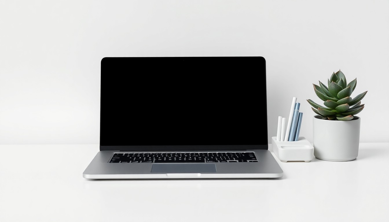 A high-end, photorealistic studio still-life photograph featuring a sleek, modern laptop, a minimalist desk organizer, and a potted succulent plant against a clean, white background, conceptually representing the professional and collaborative atmosphere of the new Pressworks co-working space.
