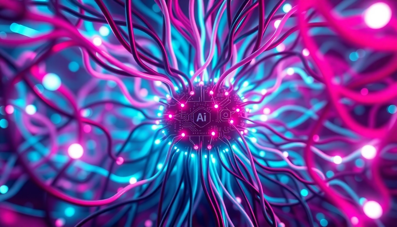 A highly detailed, glowing 3D macro illustration of a complex AI neural network hub, with pulsing neon lights emanating from the tangled wires and circuit boards, conveying a sense of the power and potential dangers of advanced AI technology.