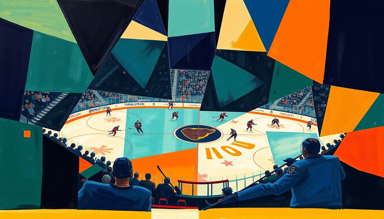 A cubist, geometric painting depicting a hockey game between the Hershey Bears and Springfield Thunderbirds, with sharp, overlapping planes of navy blue, forest green, and bright orange colors representing the intense competition between the two teams.