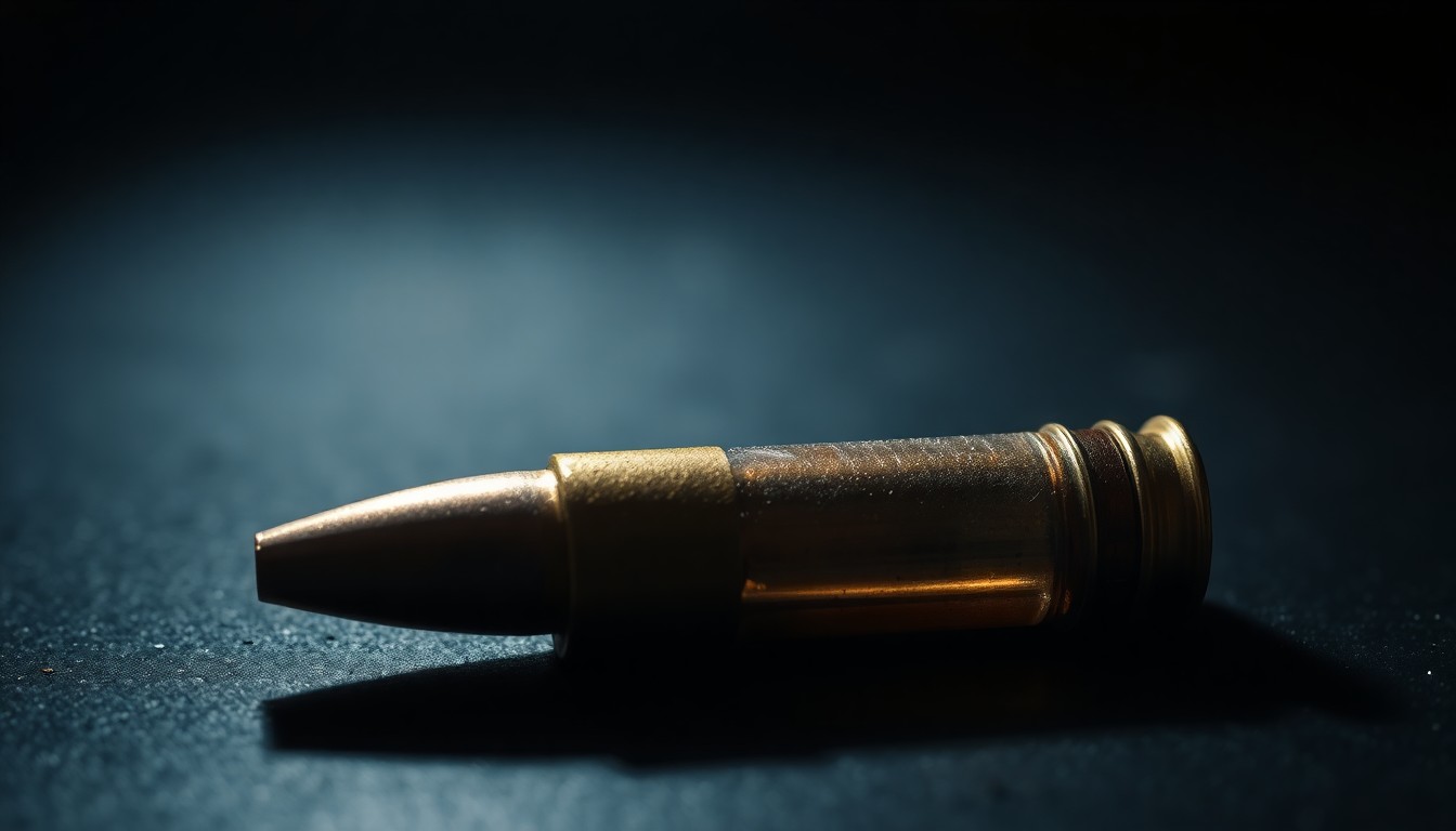 An extreme close-up of a spent shell casing reflecting a bright flash of light, conceptually illustrating the aftermath of a shooting incident.