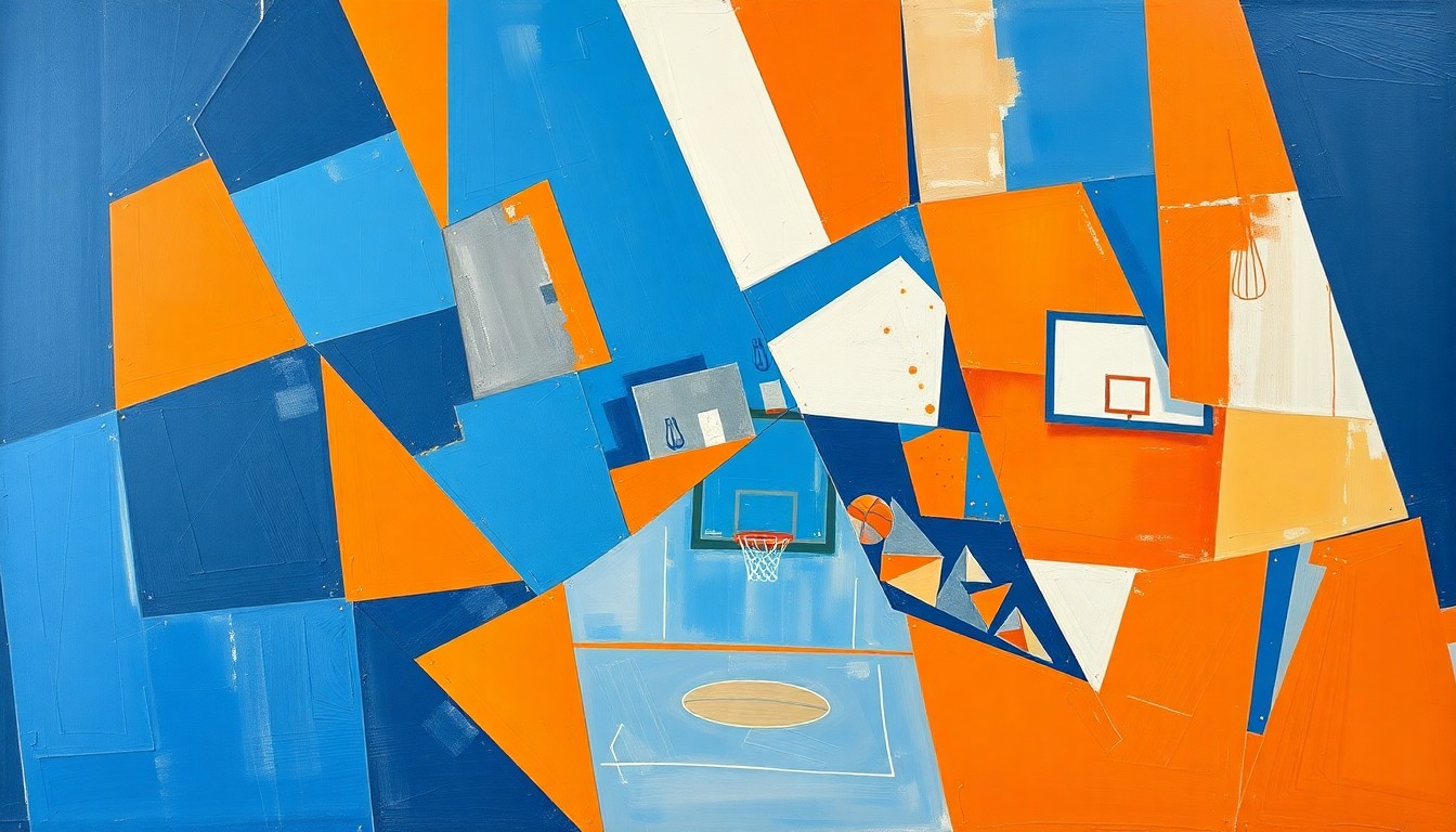 A cubist, geometric painting depicting a basketball game or match, with sharp, overlapping planes of orange, blue, and white representing the dynamic action on the court.