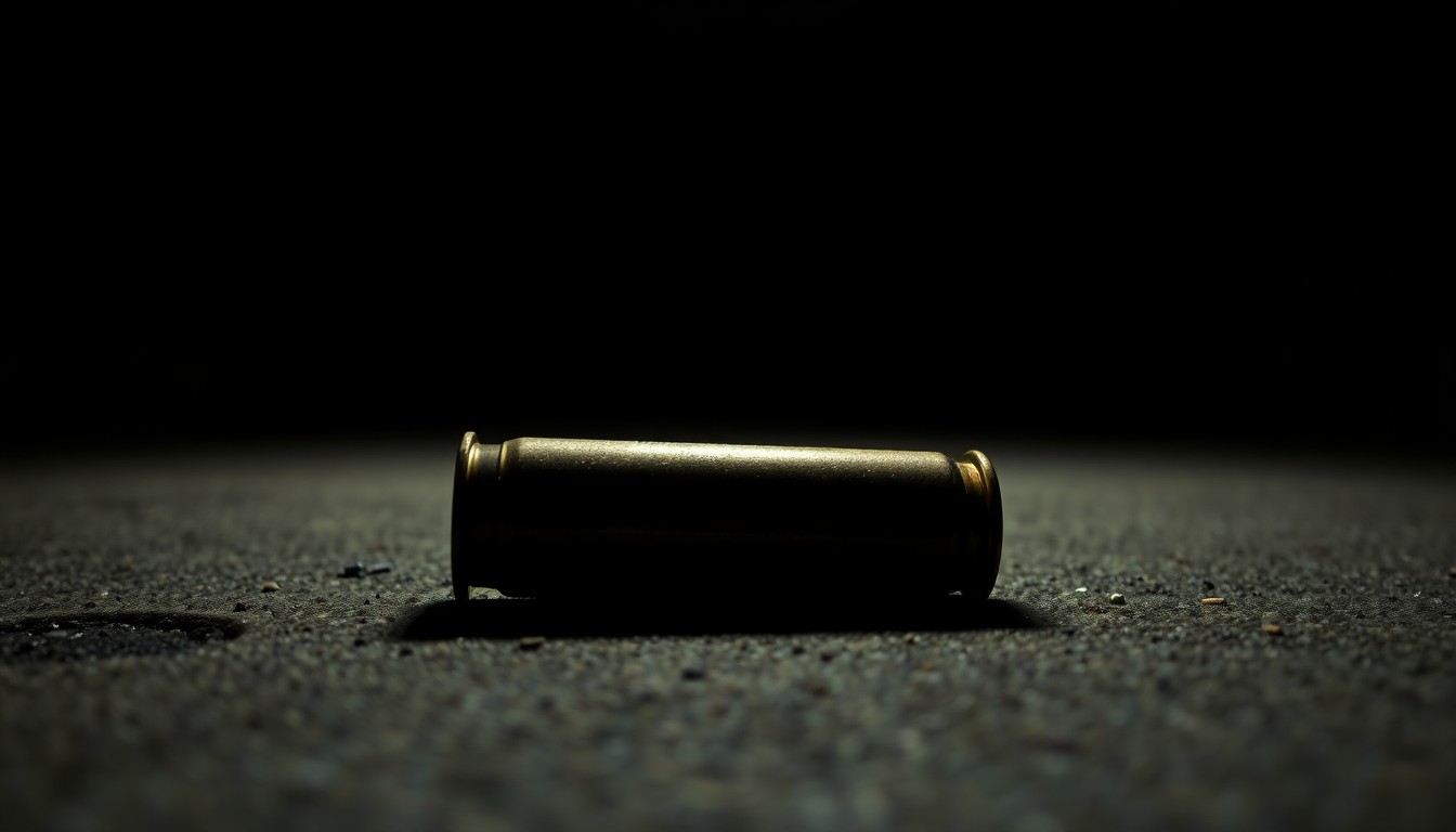 An extreme close-up photograph of a spent shell casing on a concrete surface, creating a stark, gritty, investigative aesthetic that conceptually illustrates the tragic consequences of political violence.