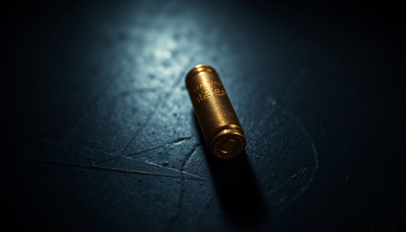 An extreme close-up photograph of a single spent bullet casing on a dark, textured surface, lit by a harsh, direct camera flash, conceptually representing the tragic aftermath of a drug deal gone wrong.