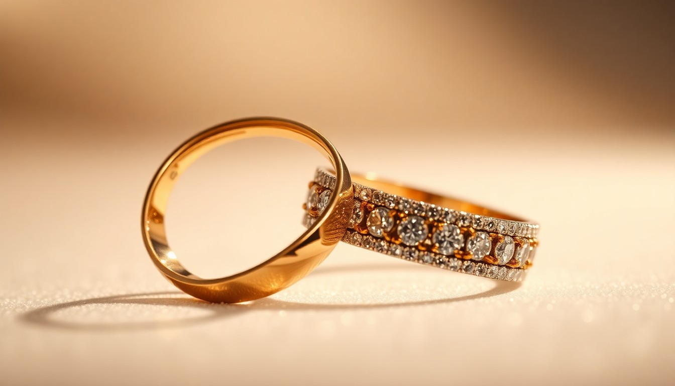 An extreme close-up photograph of two shimmering gold and silver wedding rings against a soft, out-of-focus background, captured with dramatic studio lighting to create a high-contrast, glamorous aesthetic.