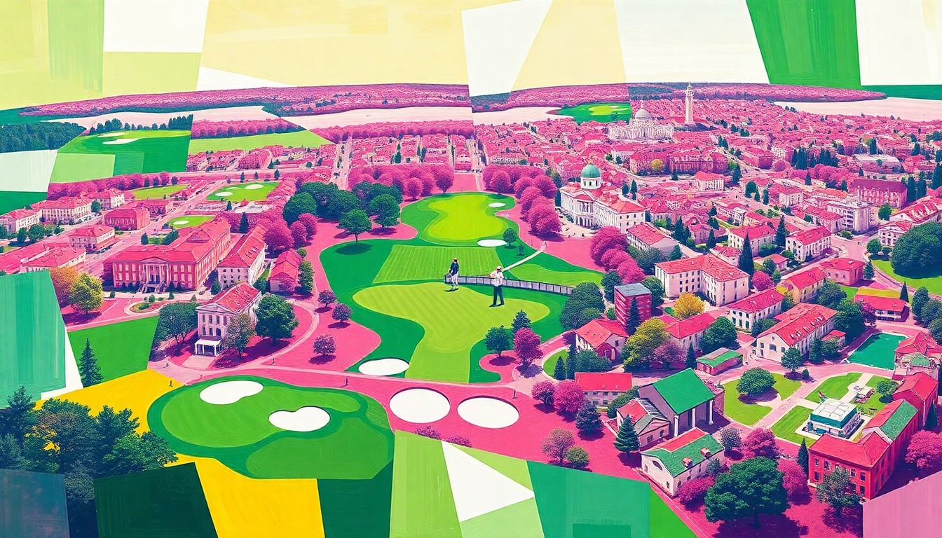A fragmented, geometric painting in vibrant shades of green, pink, and white, conceptually representing the transformation of Augusta, Georgia as it prepares to host the prestigious 2027 Masters golf tournament.