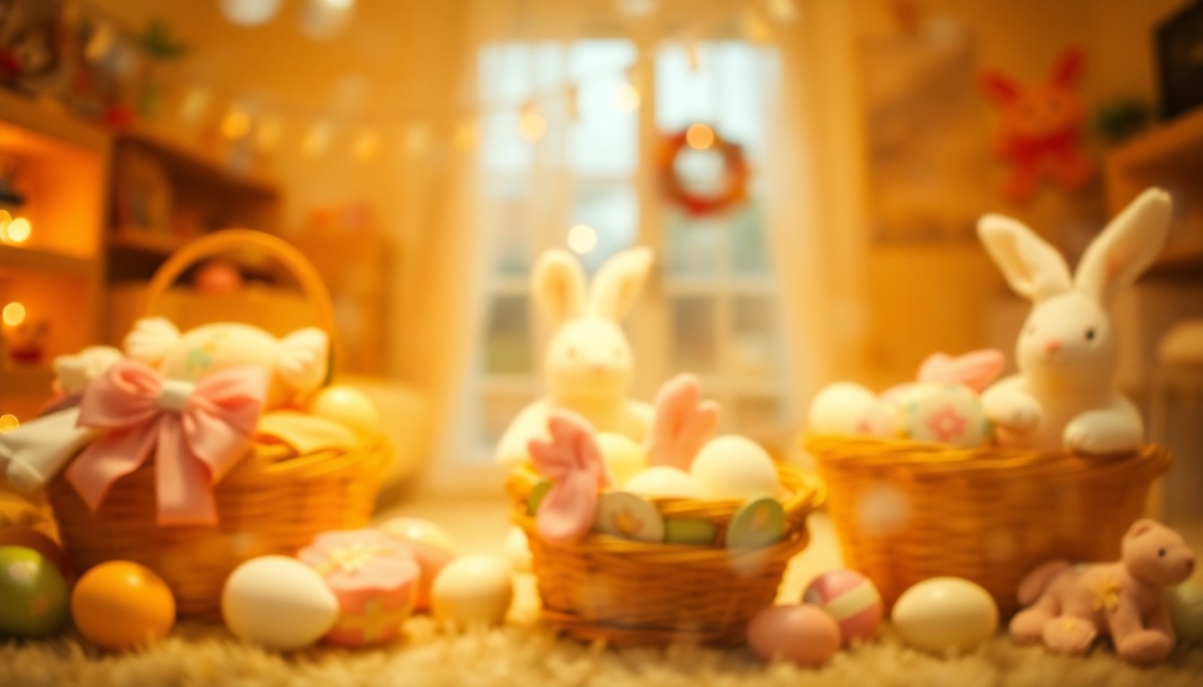 An abstract, impressionistic photograph of blurred, colorful Easter-themed objects like baskets and plush toys, conveying a sense of warmth, joy, and festivity.