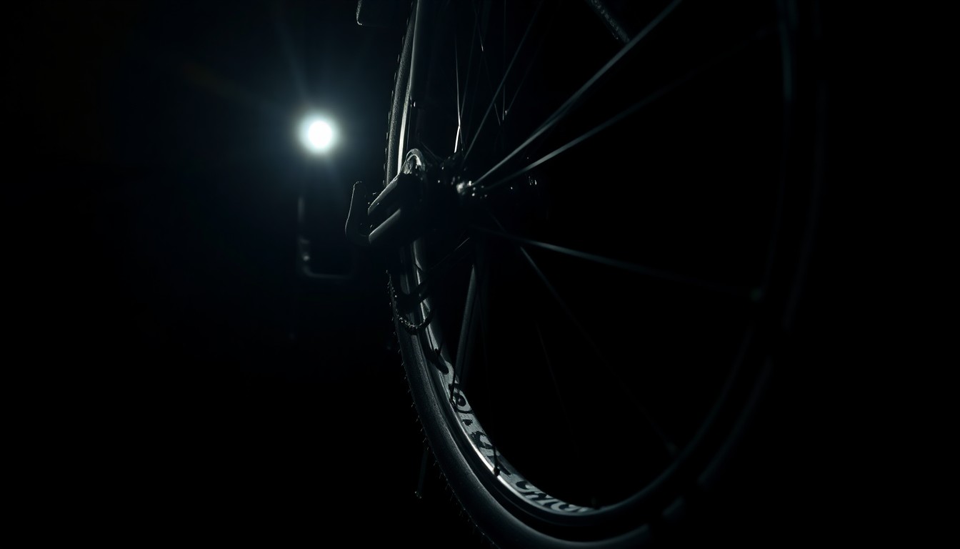 An extreme close-up photograph of a damaged bicycle wheel and tire, the harsh flash illuminating the twisted metal and rubber in stark detail, conveying the gritty reality of a tragic collision.