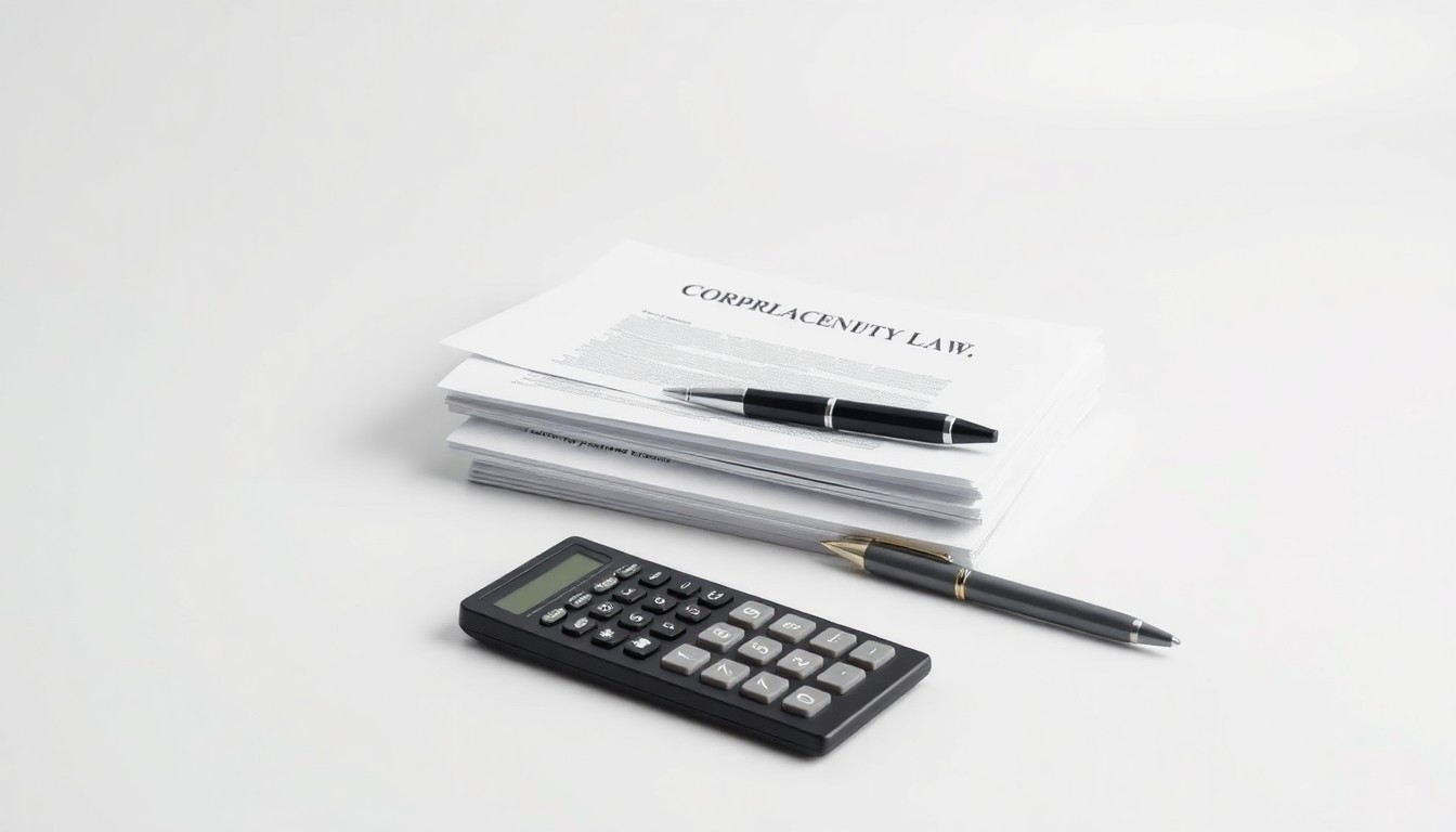 A minimalist studio still life photograph featuring a stack of legal documents, a pen, and a calculator arranged on a clean, monochromatic background, symbolizing the abstract corporate strategy and legal issues at the heart of the securities fraud case.