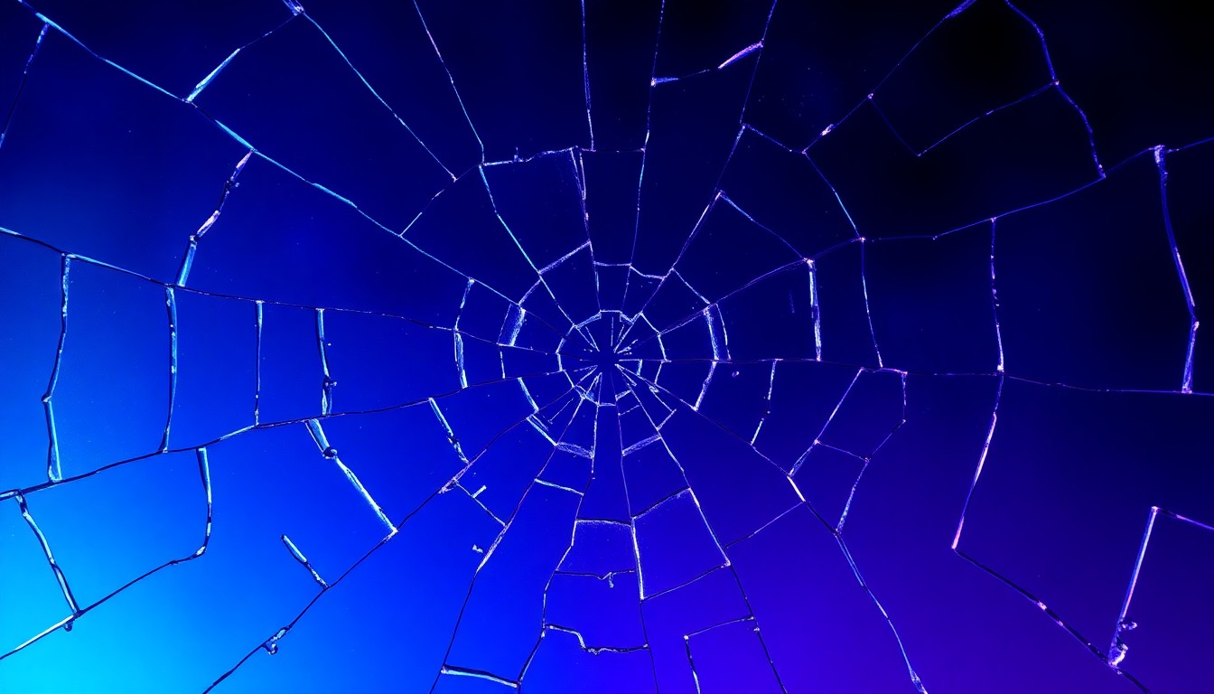 An extreme close-up of a shattered, cracked glass surface in deep shades of blue and purple, conceptually representing the fragile and complex relationship between the characters on the medical drama series 'The Pitt'.