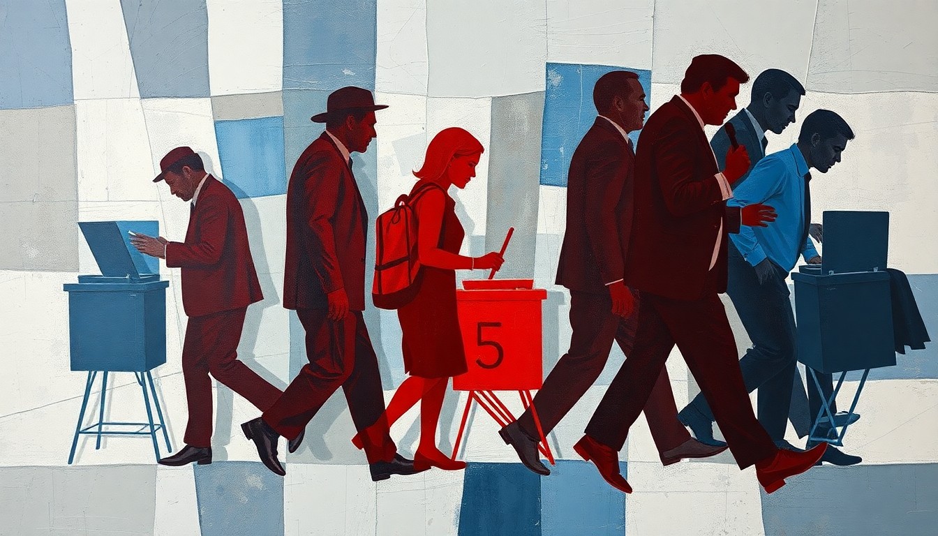 A dynamic, abstract painting in shades of blue, grey, and red featuring overlapping, fragmented shapes and silhouettes representing voting machines, ballot boxes, and election officials, conveying a sense of motion and uncertainty.
