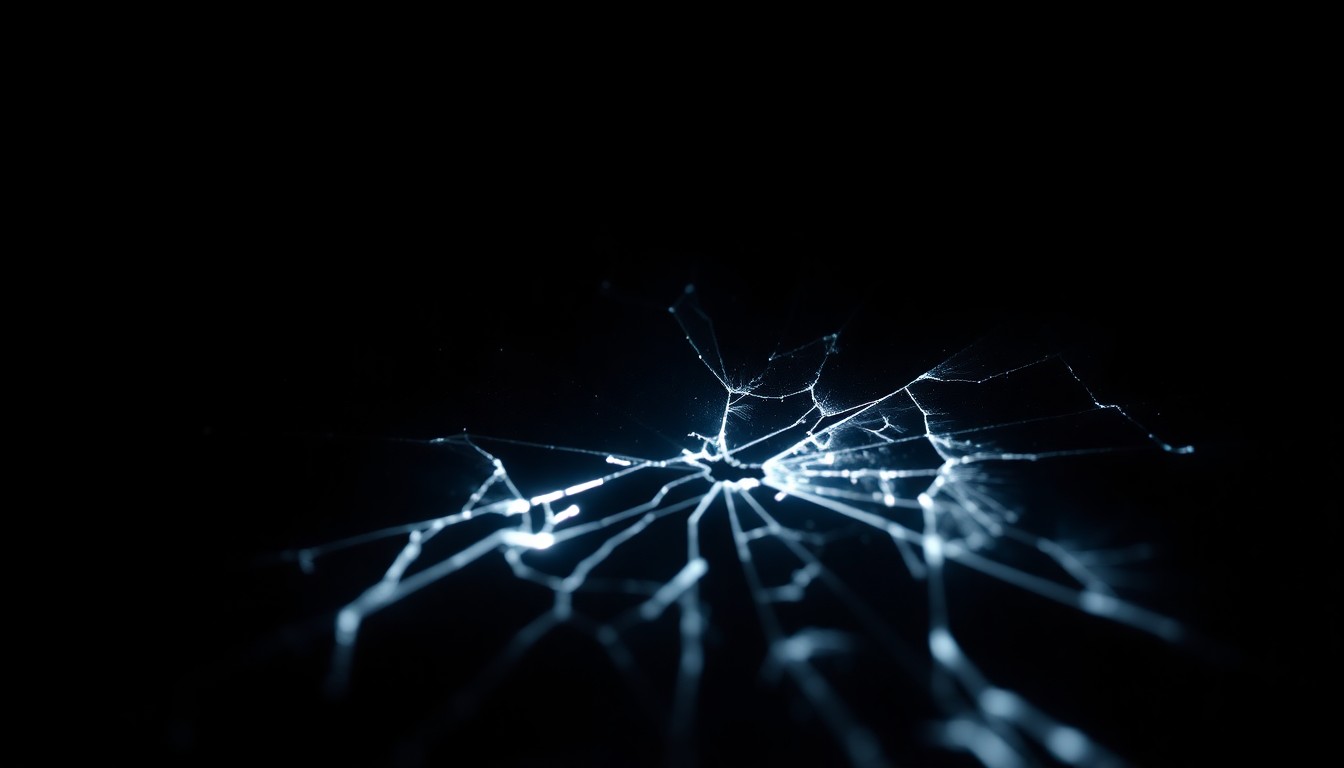 An extreme close-up of a cracked and shattered smartphone screen, lit by a harsh, direct flash of light against a dark background, conveying the disruption of emergency communications during a domestic violence incident.