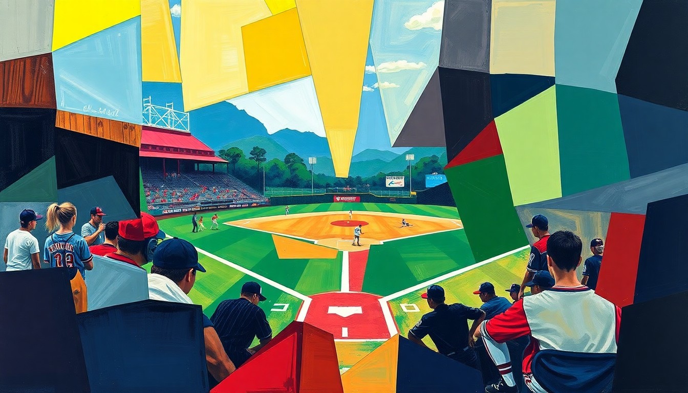 A fractured, cubist-style painting depicting the dynamic action of a high school baseball or softball game, with sharp geometric shapes and planes in the team colors of the schools mentioned in the story, capturing the energy and intensity of the competition.