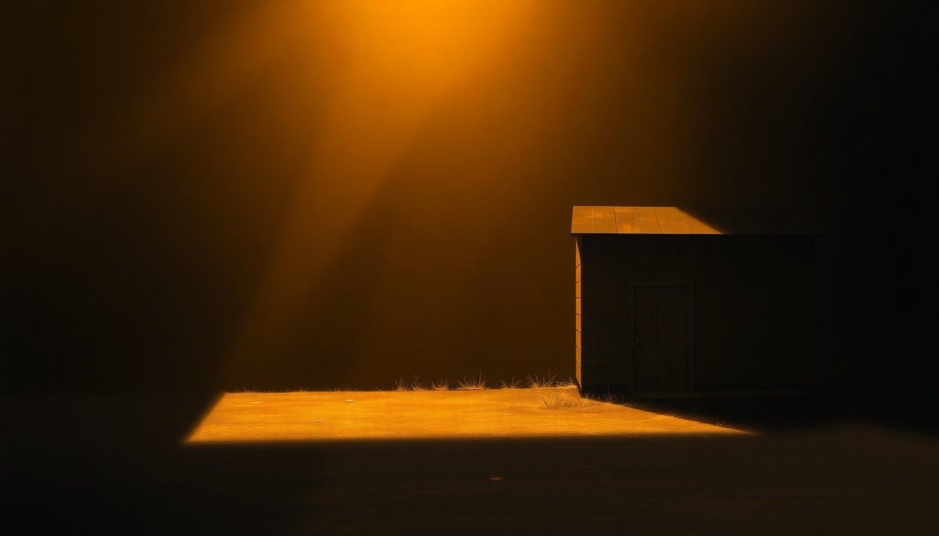 A serene oil painting depicting a simple chicken coop in a residential backyard, with warm sunlight casting long shadows across the scene, conceptually representing the debate over backyard chickens in cities.