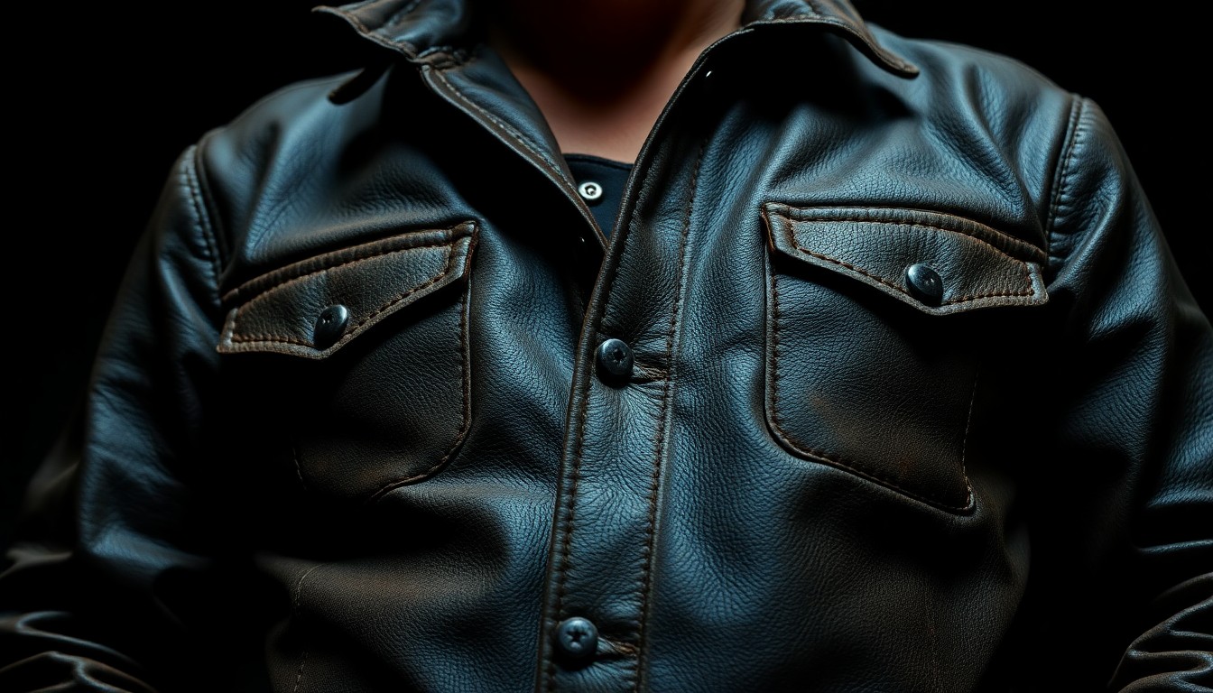 An extreme close-up photograph of a weathered, textured leather jacket, capturing the rugged, lived-in style of a veteran musician.