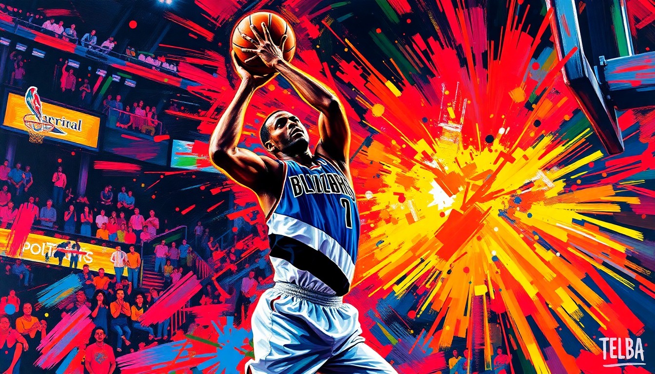 An abstract, energetic painting with bold brushstrokes and neon colors capturing the intensity of a basketball game, conveying the excitement and momentum of the Blazers' win over the Pelicans.
