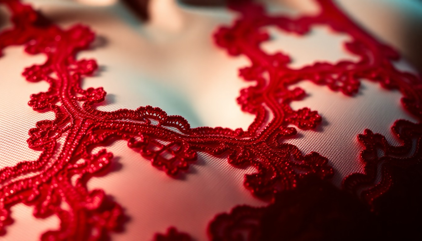 An abstract close-up photograph of a rich, textured red lace fabric, shot with dramatic lighting to create a high-fashion, luxury aesthetic.