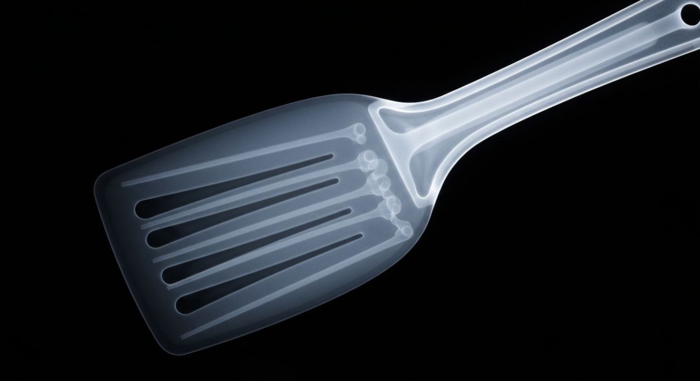 An extreme close-up X-ray photograph of a restaurant kitchen utensil, revealing its intricate internal structure in ghostly, glowing lines against a dark background, conceptually illustrating the importance of proper sanitation and food safety.