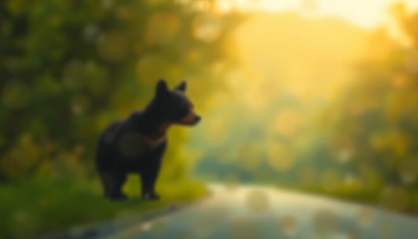 An abstract, impressionistic photograph depicting the blurred outline of a small bear cub in a lush, green roadside setting, with soft, warm pools of light and color creating a dreamlike, atmospheric quality.