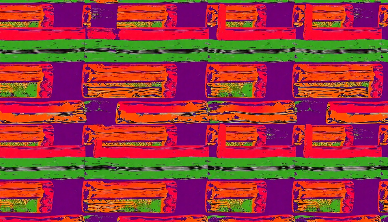A high-contrast, silkscreen-style illustration featuring a repeated pattern of a single, iconic timber frame cabin component, such as a log or window, rendered in a bold, neon color palette that transforms the everyday into modern pop art.