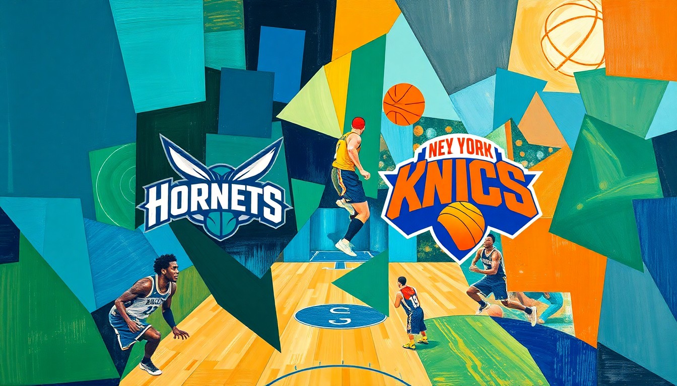 A fragmented, geometric painting depicting overlapping basketball players and court elements in a vibrant color palette, conveying the dynamic changes in player styles and team dynamics described in the story.