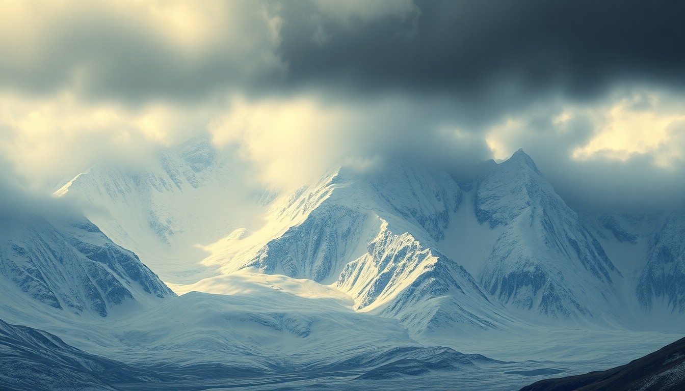 A sweeping, atmospheric landscape painting in muted tones of gray, blue, and white, depicting a snow-covered mountain range partially obscured by heavy fog, conveying a sense of the overwhelming power and fragility of nature in the face of extreme weather conditions.