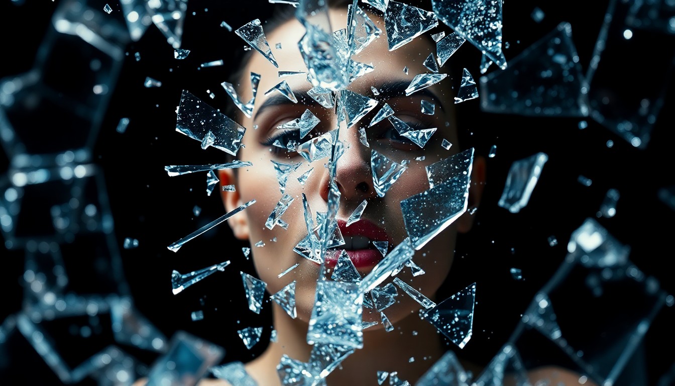 An abstract close-up image of shattered glass reflecting bright studio lights, conveying the emotional turmoil of a reality TV relationship ending.