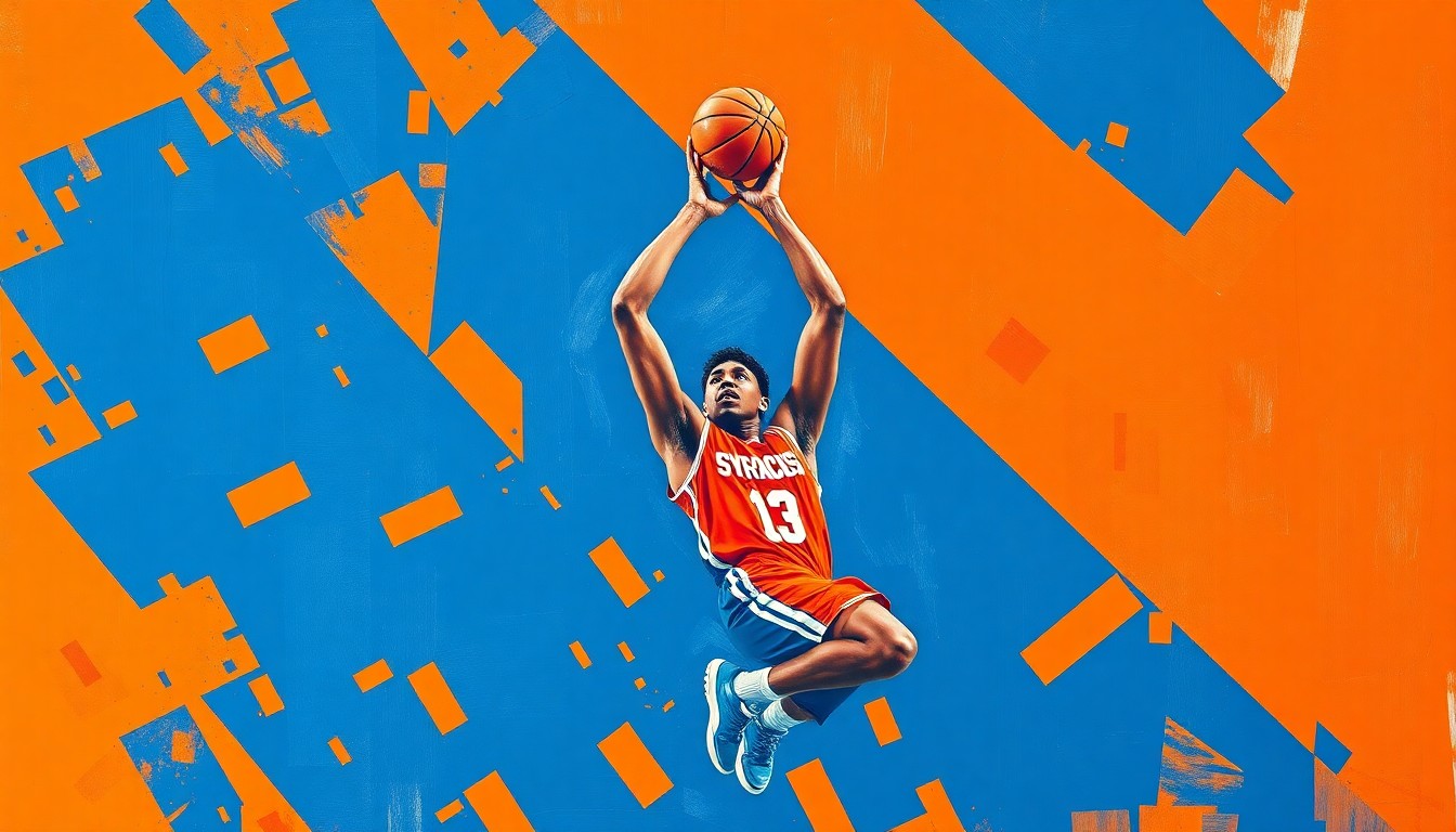 A cubist, geometric painting depicting a college basketball player shooting a 3-pointer, with the player's form broken down into overlapping planes of vibrant orange and blue hues.