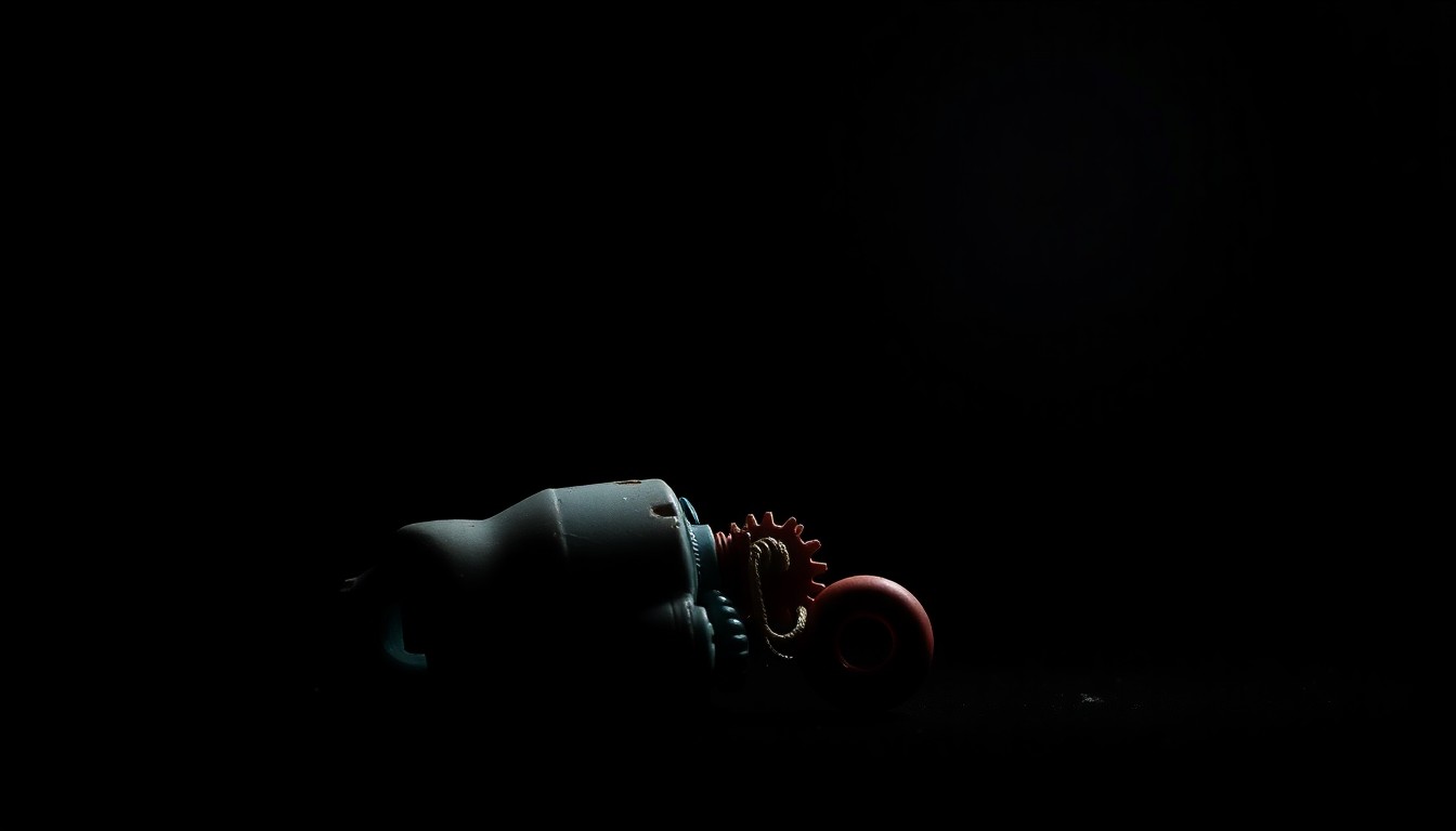 An extreme close-up photograph of a broken, discarded child's toy against a pitch-black background, lit by a harsh, direct camera flash, conceptually illustrating the disturbing nature of the charges against the Roblox programmer.