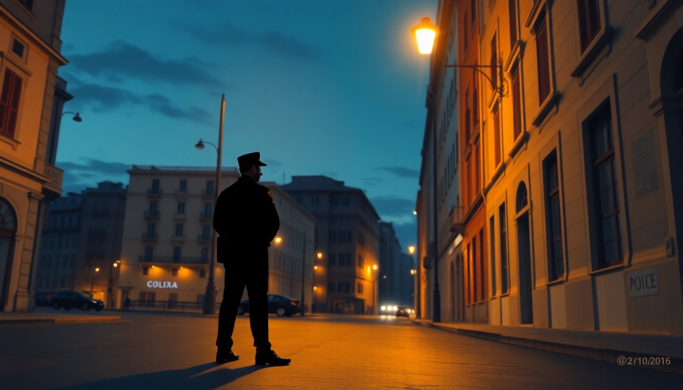 A cinematic painting of an empty Roman street at dusk, with the silhouette of a lone police officer standing guard under the warm glow of a streetlamp, conveying a sense of anticipation and vigilance ahead of the city's upcoming Easter celebrations.
