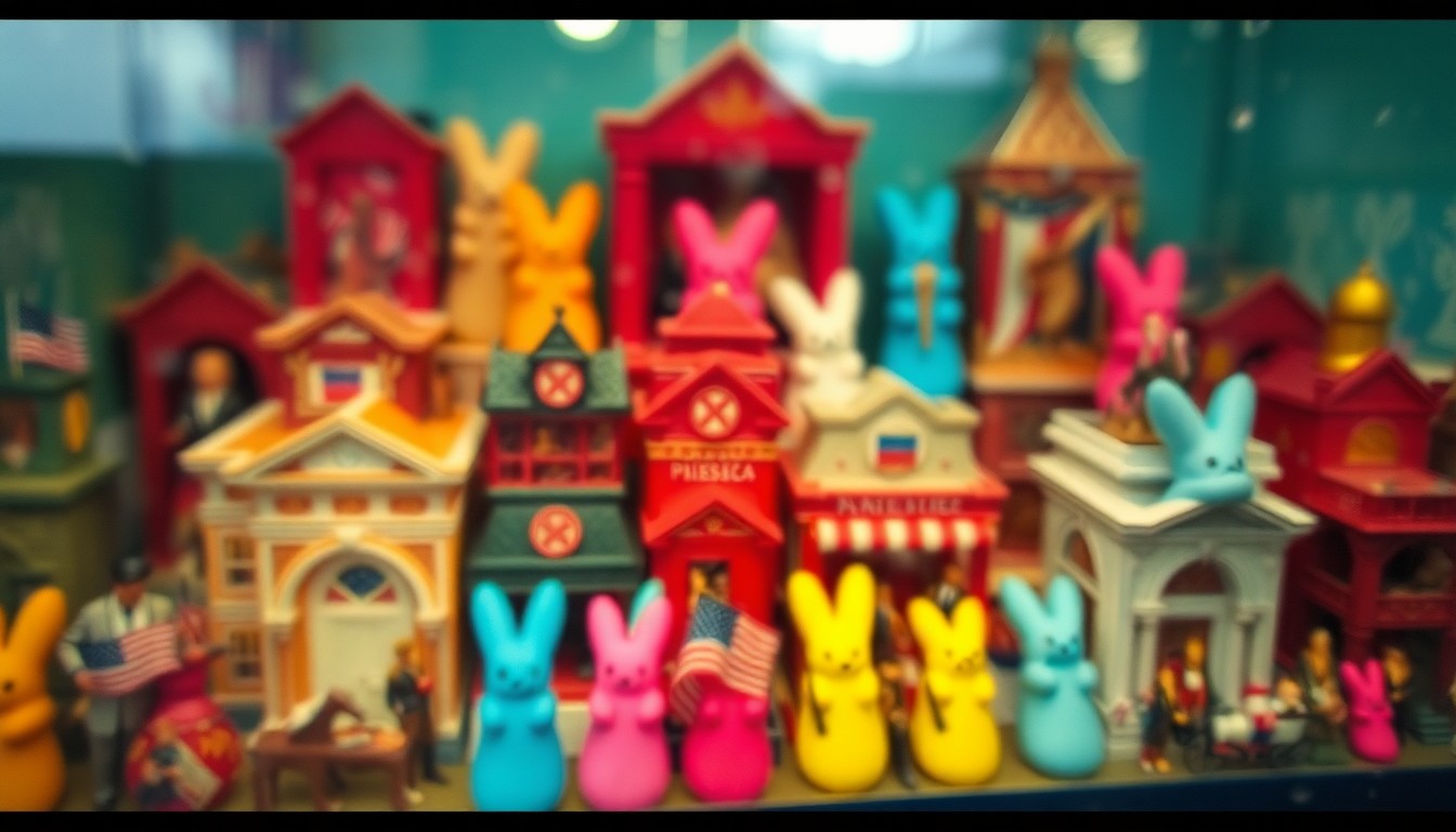 An abstract, impressionistic photograph of blurred, colorful Peeps dioramas depicting various American historical scenes, conveying the whimsical and celebratory nature of the library's contest.