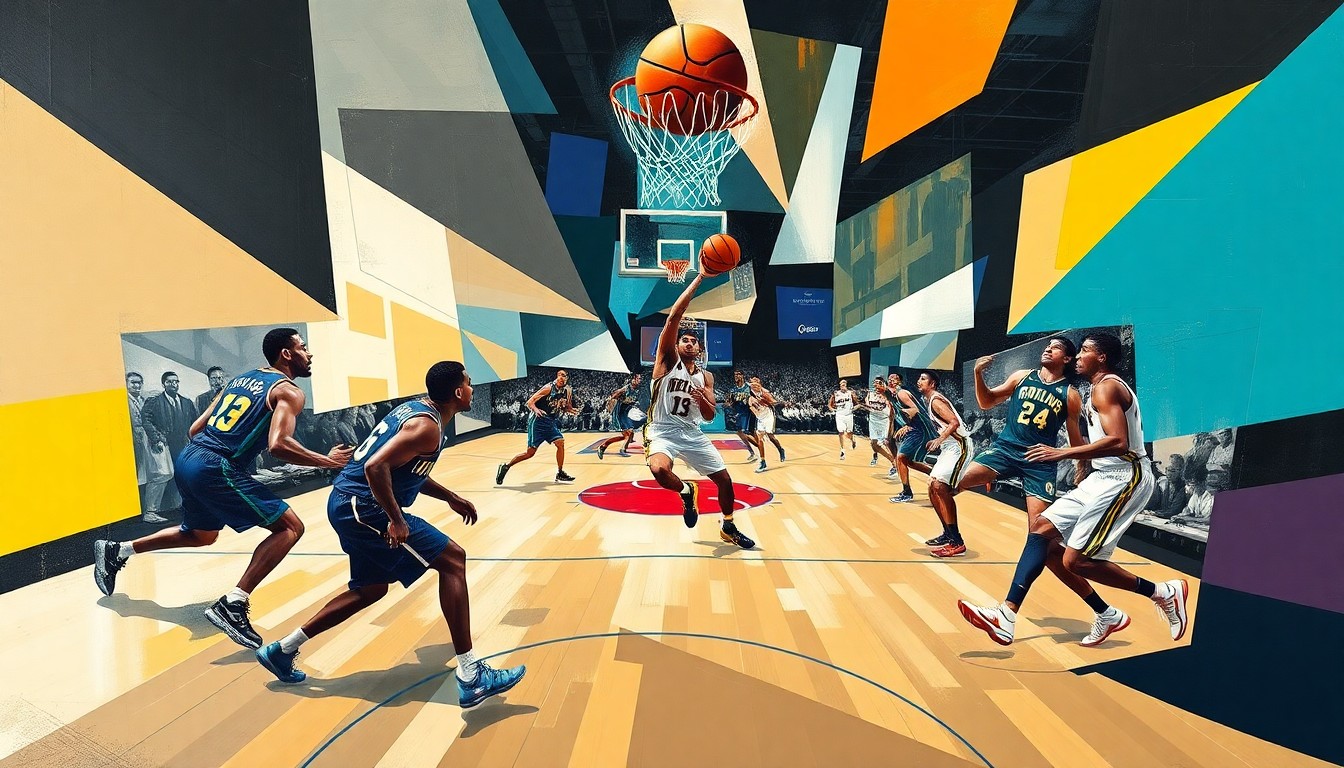 A fractured, multi-perspective painting in a cubist style, breaking down a basketball game between the Charlotte Hornets and Indiana Pacers into sharp, overlapping geometric planes. The players' forms are abstracted and deconstructed, with a focus on the dynamic movement and energy of the game.
