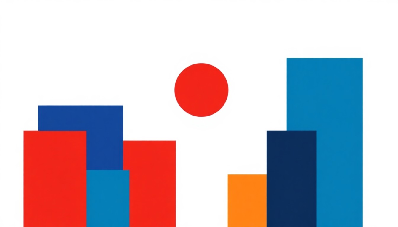 A minimalist abstract illustration using bold geometric shapes and primary colors to represent the concept of institutional quality as a key driver of economic growth, moving away from a literal depiction of exports or trade.