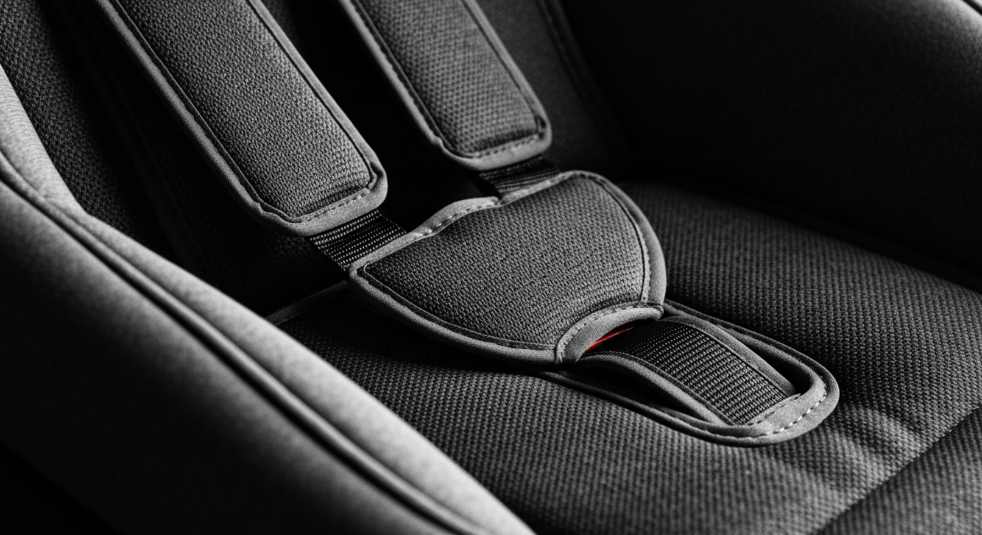 An extreme close-up photograph of the textured fabric and stitching of a child car seat, highlighting the intricate materials and engineering that go into properly securing young passengers.