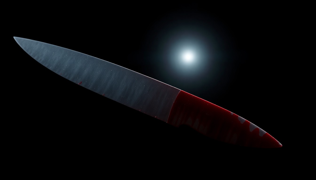 An extreme close-up of a bloodied knife, the harsh lighting and dark background creating a stark, investigative aesthetic that conceptually represents the tragic nature of this crime.