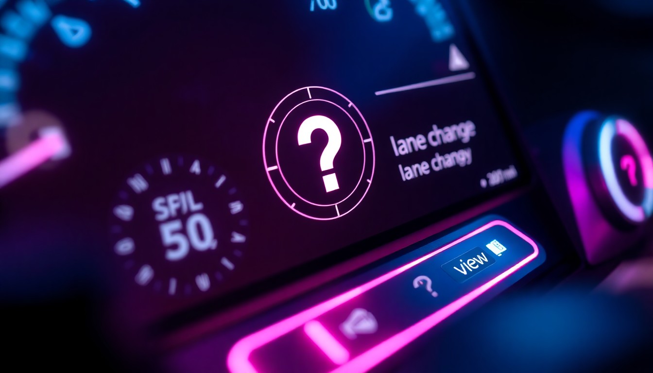 A highly detailed, glowing 3D illustration of Tesla's FSD user interface elements, including speed limit icons, lane change notifications, and a dedicated FSD view button, all rendered in a cyberpunk-inspired style with vibrant neon lighting.