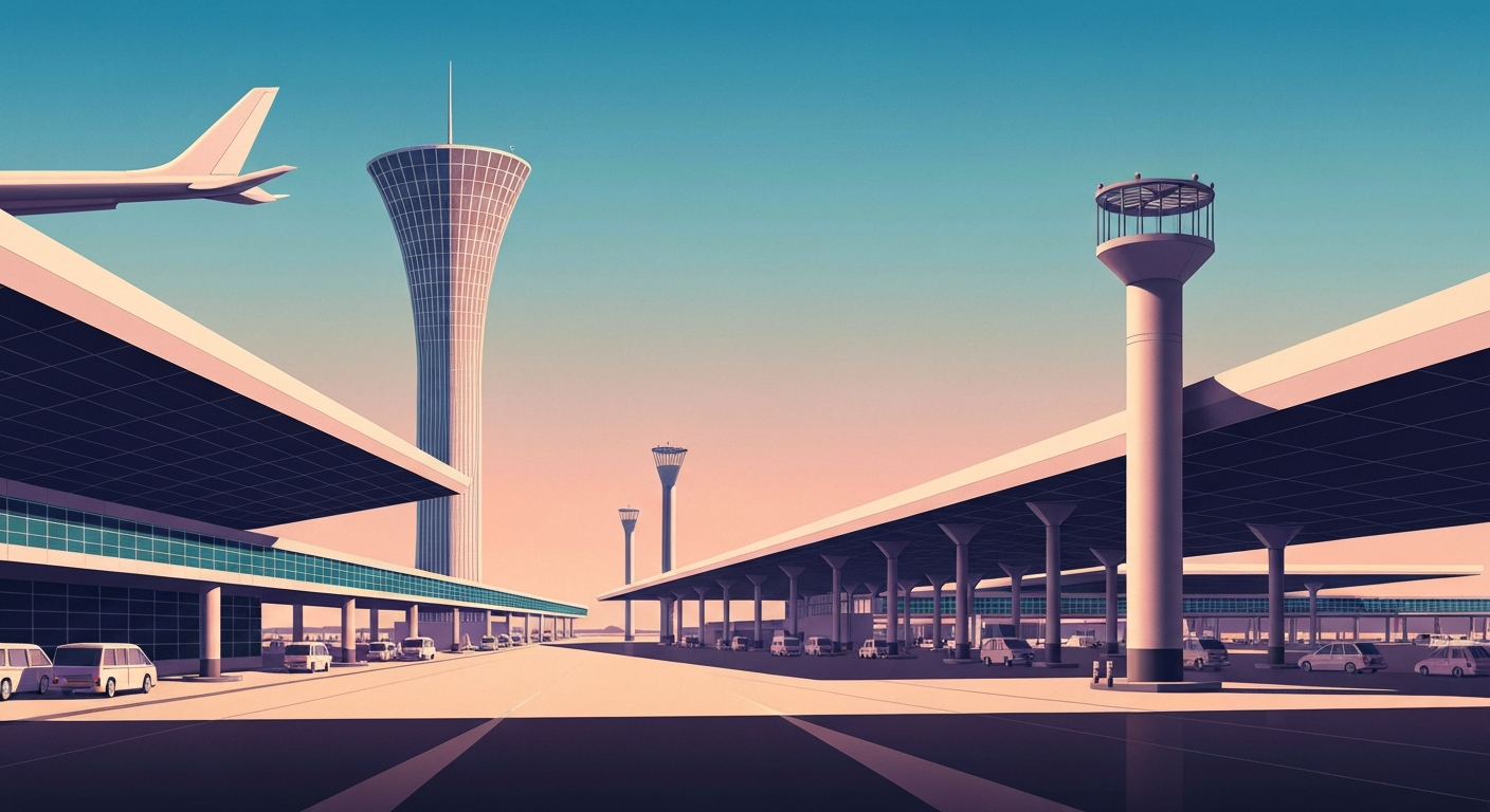 A bold, geometric illustration in the Art Deco style, featuring sweeping gradients and towering architectural forms that evoke the grand scale and romance of air travel, without depicting any specific people or places.