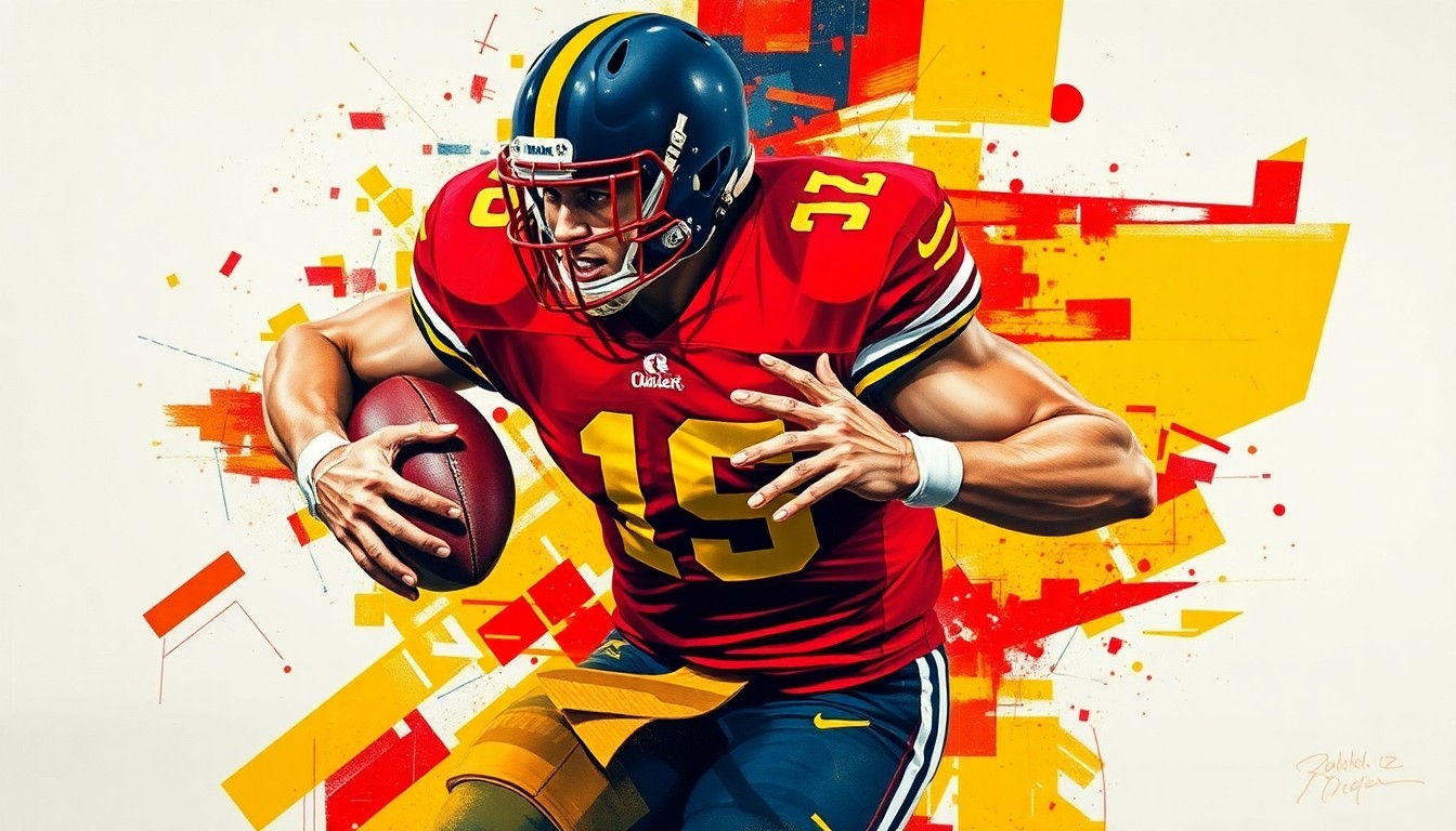 A fragmented, geometric painting depicting an intense college football pass rush, with sharp planes of deep red, gold, and navy representing the raw power and energy of the sport.