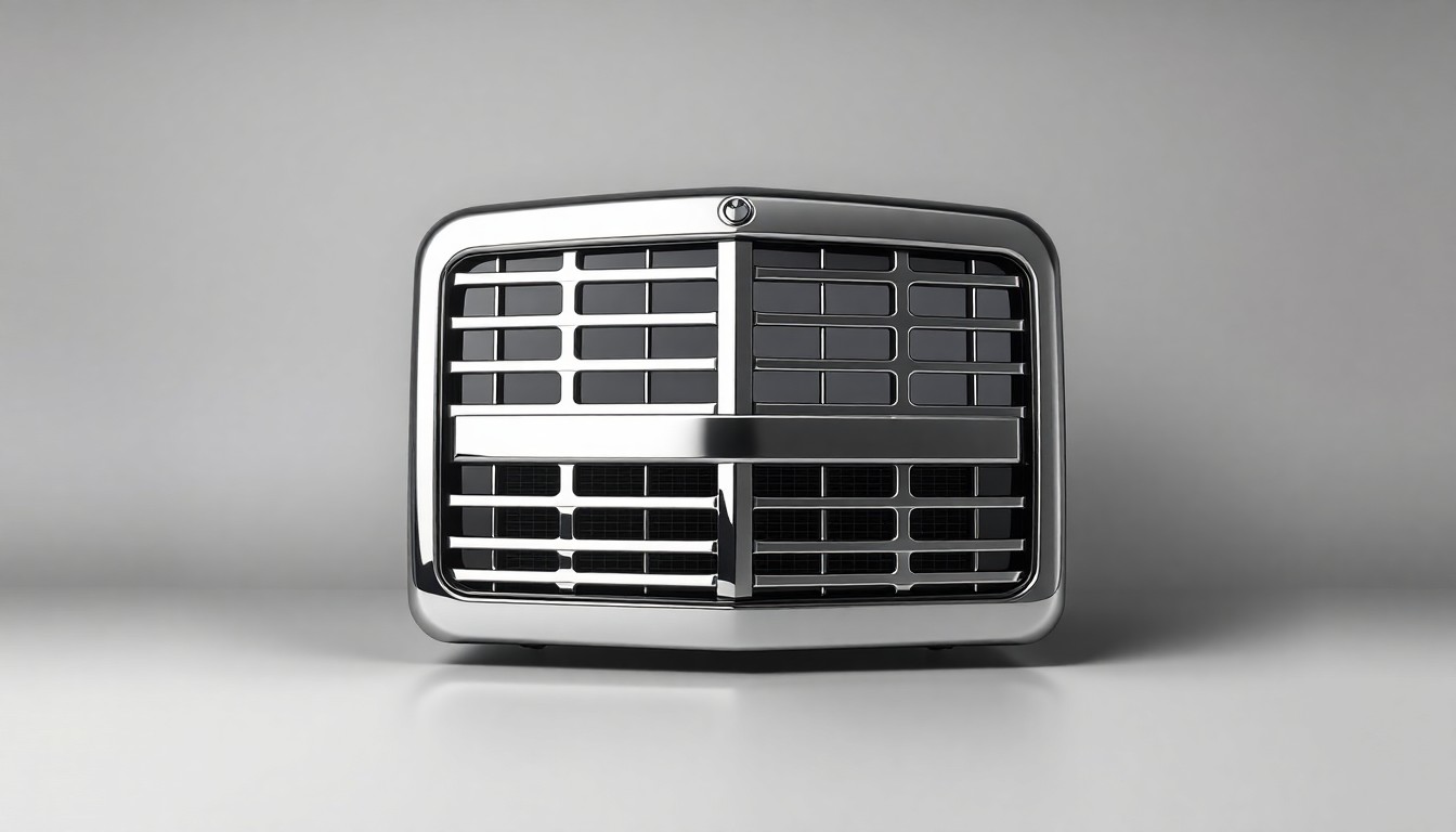 A high-end, photorealistic studio still-life photograph featuring a polished, chrome-plated truck grill or diesel engine component arranged elegantly on a clean, grey seamless background, conceptually representing the precision and reliability of Page Trucking's transportation services.