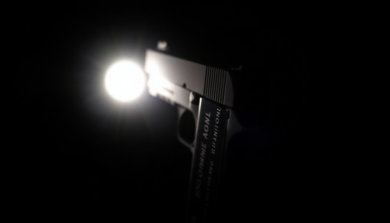 An extreme close-up photograph of a handgun magazine, the metal and plastic surfaces sharply illuminated by a harsh camera flash against a pitch-black background, conceptually representing the threat of gun violence in the community.