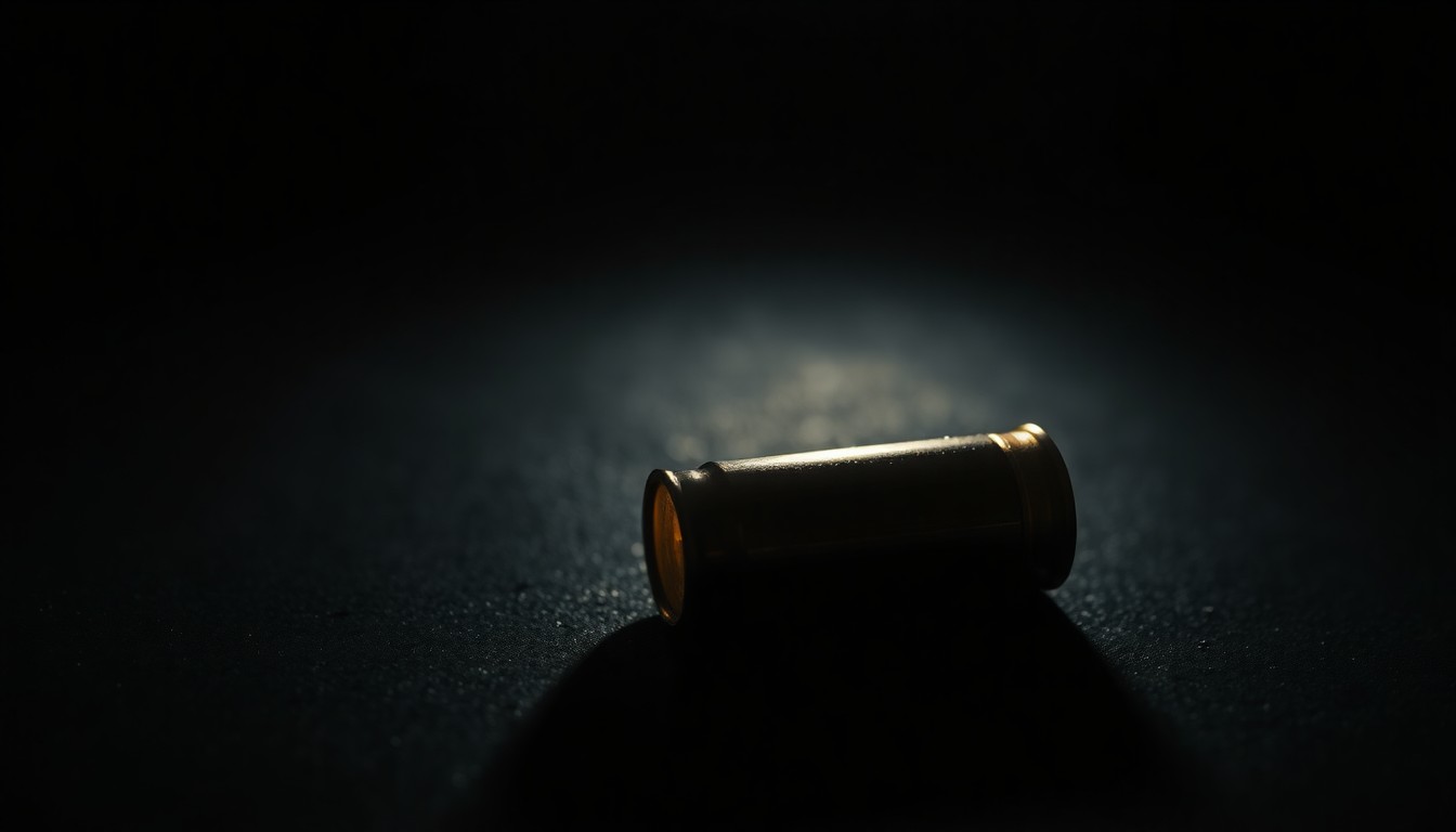 An extreme close-up photograph of a single spent shell casing on a dark surface, lit by a harsh, direct camera flash, creating a stark, gritty, investigative aesthetic without depicting any actual violence.