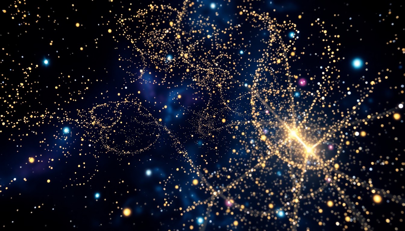 An abstract close-up image featuring shimmering cosmic dust and swirling nebula textures in high-contrast studio lighting, conveying the vibrant, intergalactic setting of the Super Mario Galaxy Movie.