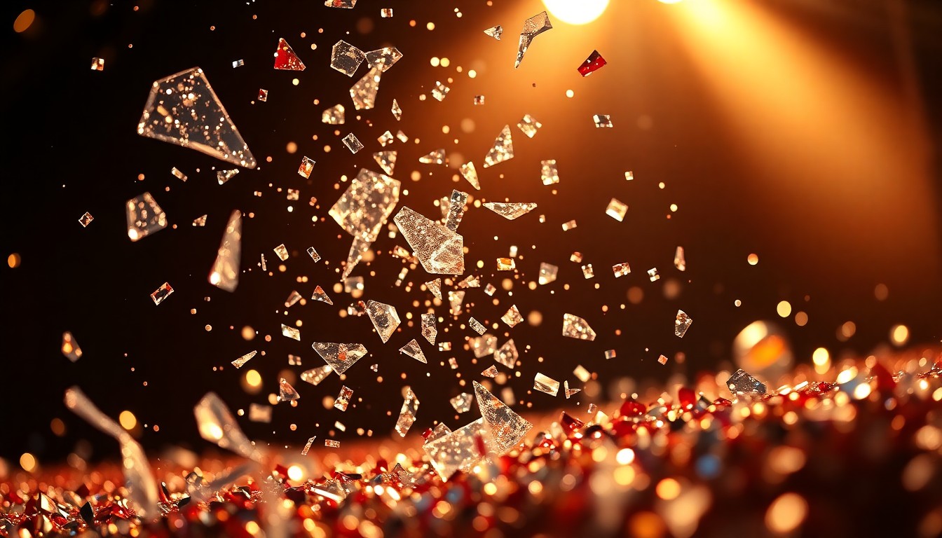 An abstract close-up photograph featuring shards of reflective glass and sparkling sequins, bathed in dramatic studio lighting to create a high-contrast, high-fashion aesthetic that conceptually represents the tension and excitement of a game show competition.