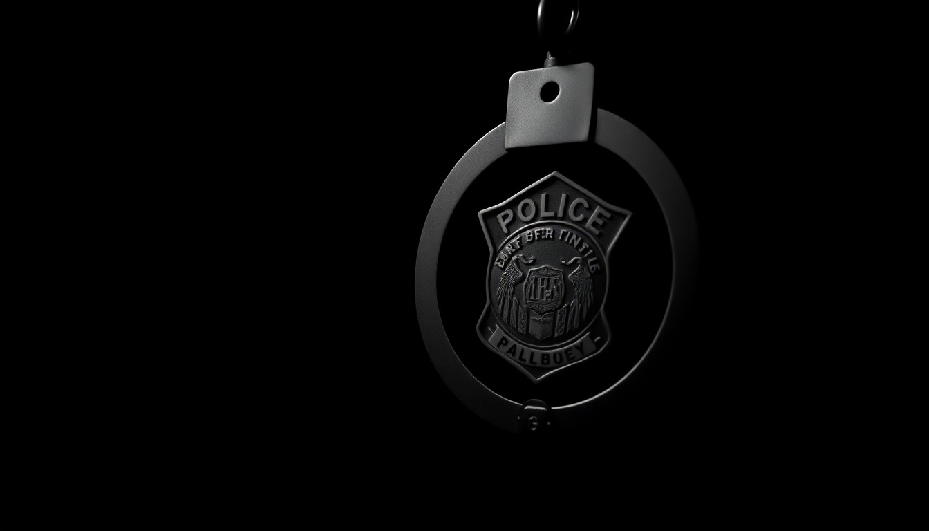 An extreme close-up photograph of a police badge or handcuffs against a pitch-black background, lit by a harsh, direct camera flash, conceptually representing the data-driven public safety strategies that led to a significant drop in violent crime in Greenville, Mississippi.