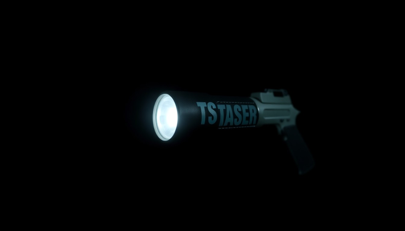 An extreme close-up photograph of a police-issued Taser against a pitch-black background, lit by a harsh, direct camera flash, conceptually illustrating the central role of the Taser in this police shooting incident.