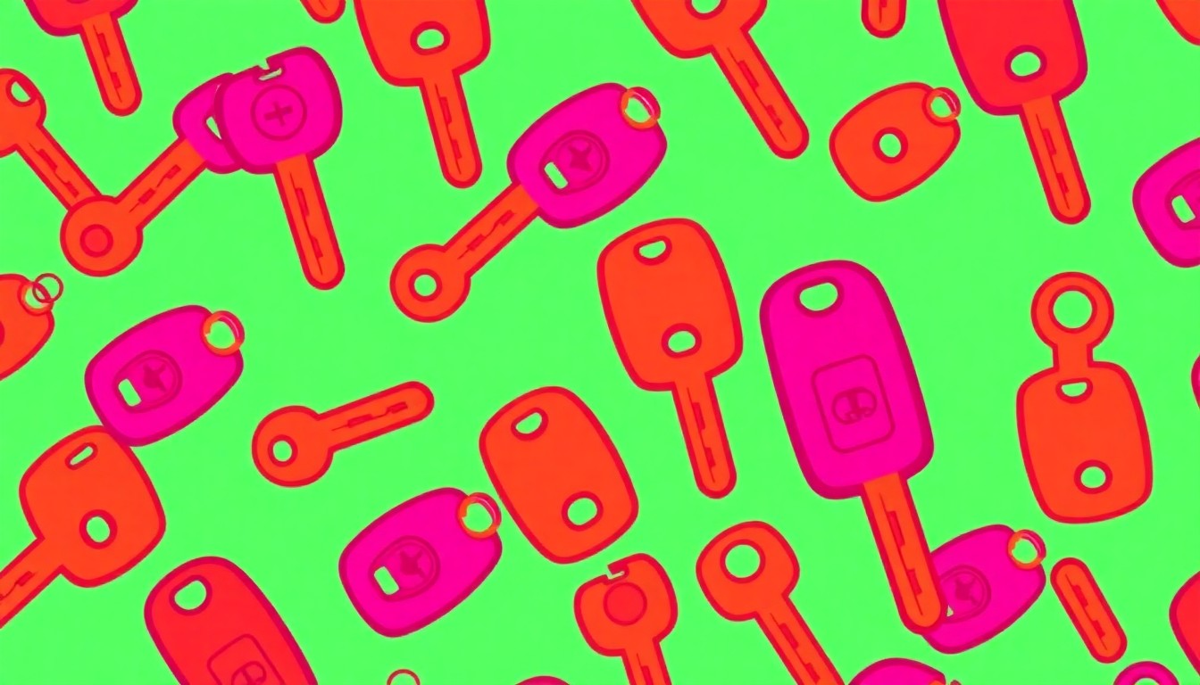 A bold, colorful silkscreen print featuring a repeated image of a car key in a grid pattern, conceptually representing the gift of transportation to single mothers.