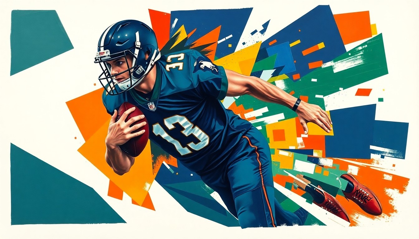 A cubist-style painting depicting a football player's movements broken down into overlapping geometric shapes and planes in navy, green, and orange, conveying the explosive physicality and versatility of the player.