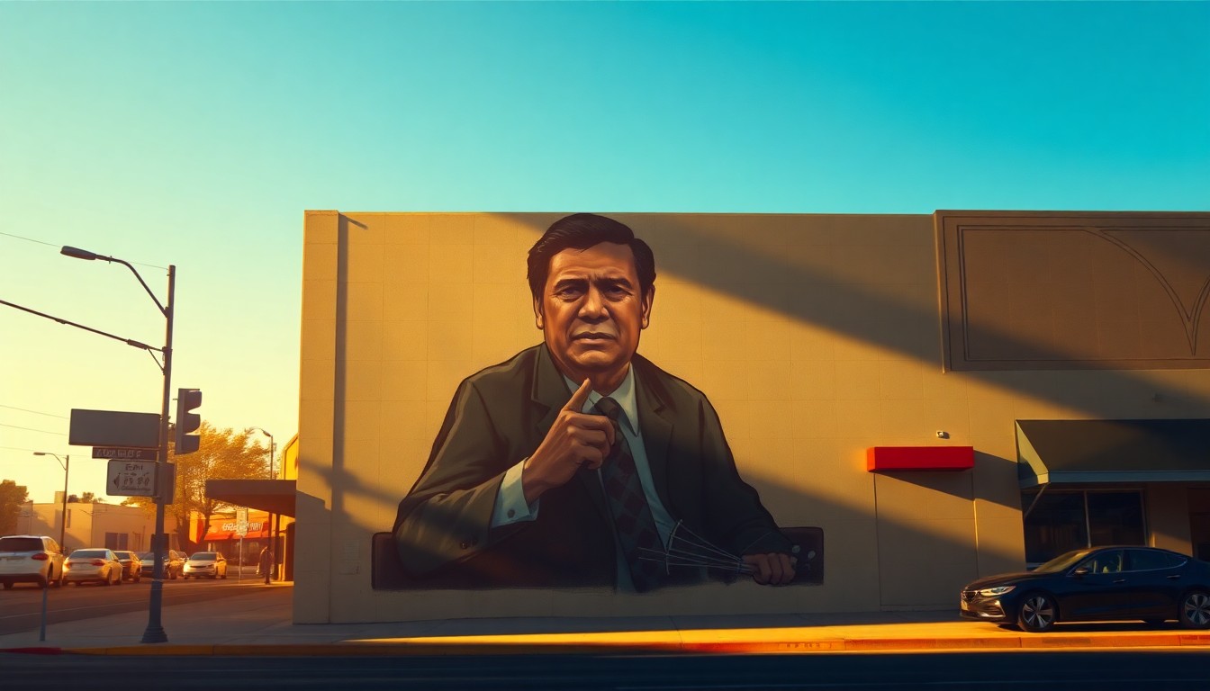 A photorealistic painting of a restored mural depicting Cesar Chavez's portrait, with the downtown Bakersfield cityscape visible in the background, all bathed in warm, golden sunlight and deep shadows, creating a contemplative, cinematic mood.