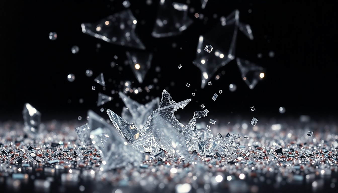 An extreme macro photograph of shattered glass and glittering sequins, creating an abstract, high-contrast image that evokes the drama and glamour of reality television.