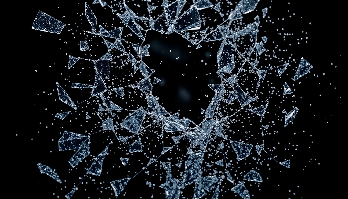 An abstract close-up image featuring a shattered, glittering texture of glass and sequins, conveying a sense of fragility and high drama.